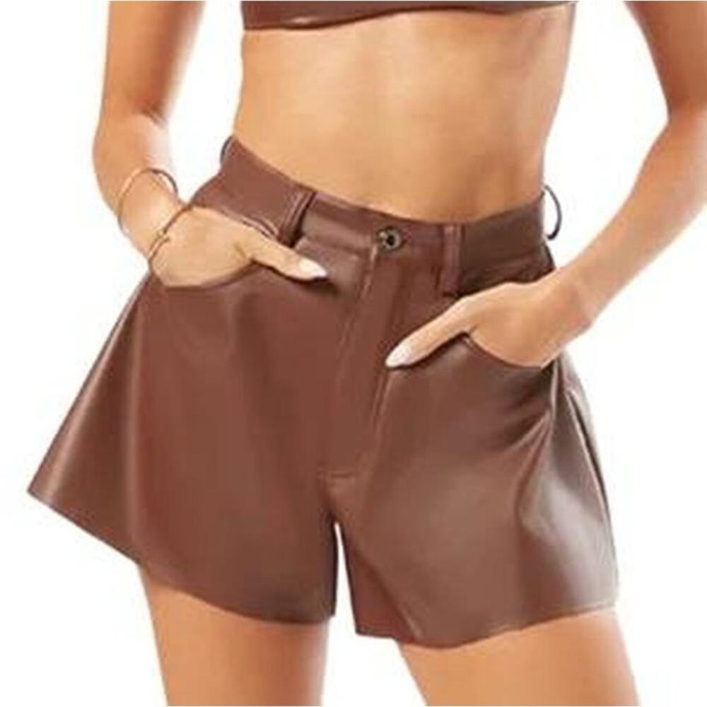 We Wore What Brown Vegan Leather Flare Bell  Shorts 27